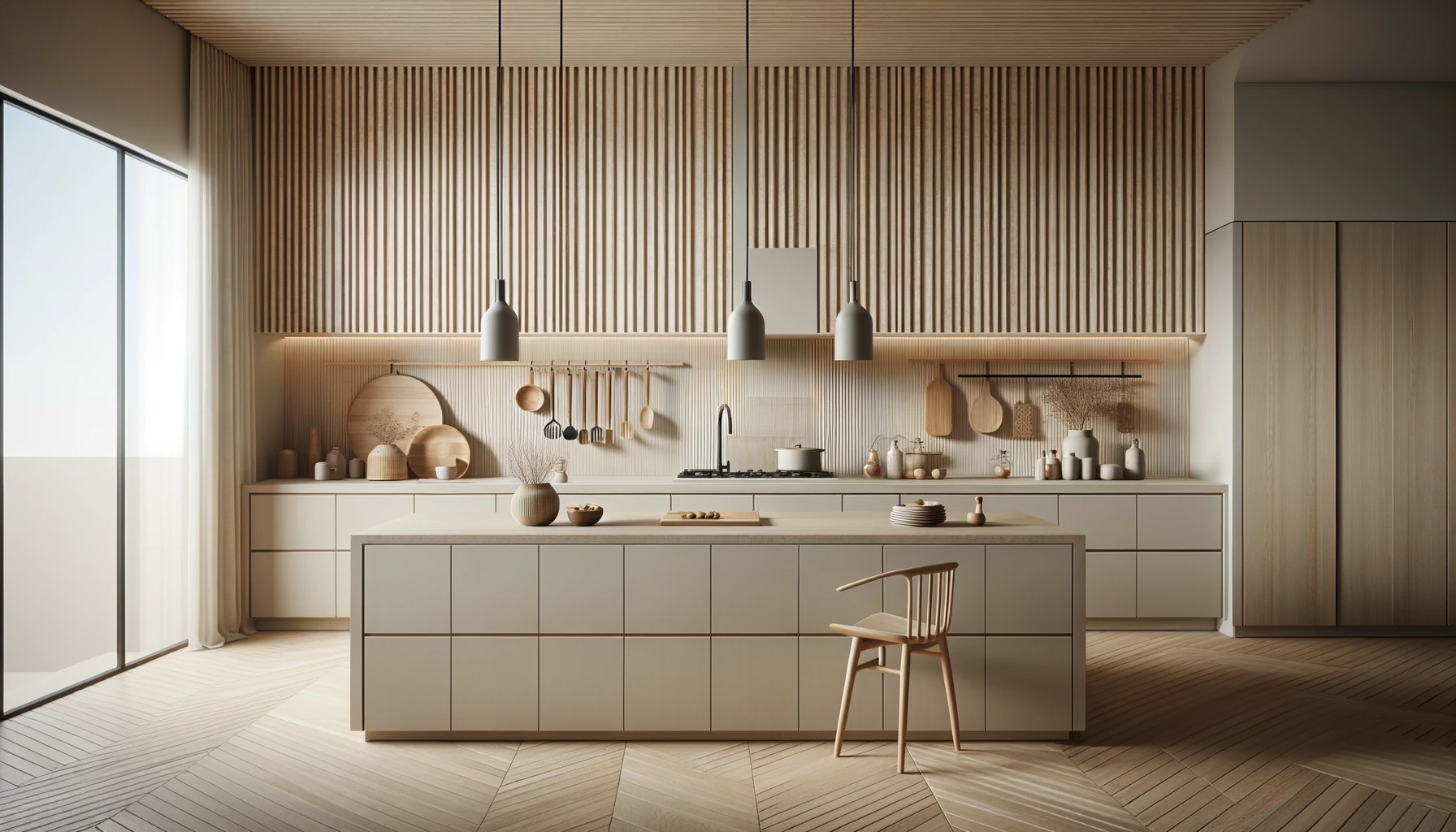 DALL·E 2024-03-31 15.10.41 - A modern kitchen interior design reflecting a serene and uncluttered aesthetic The space features straight-lined cabinetry with a minimalist design i