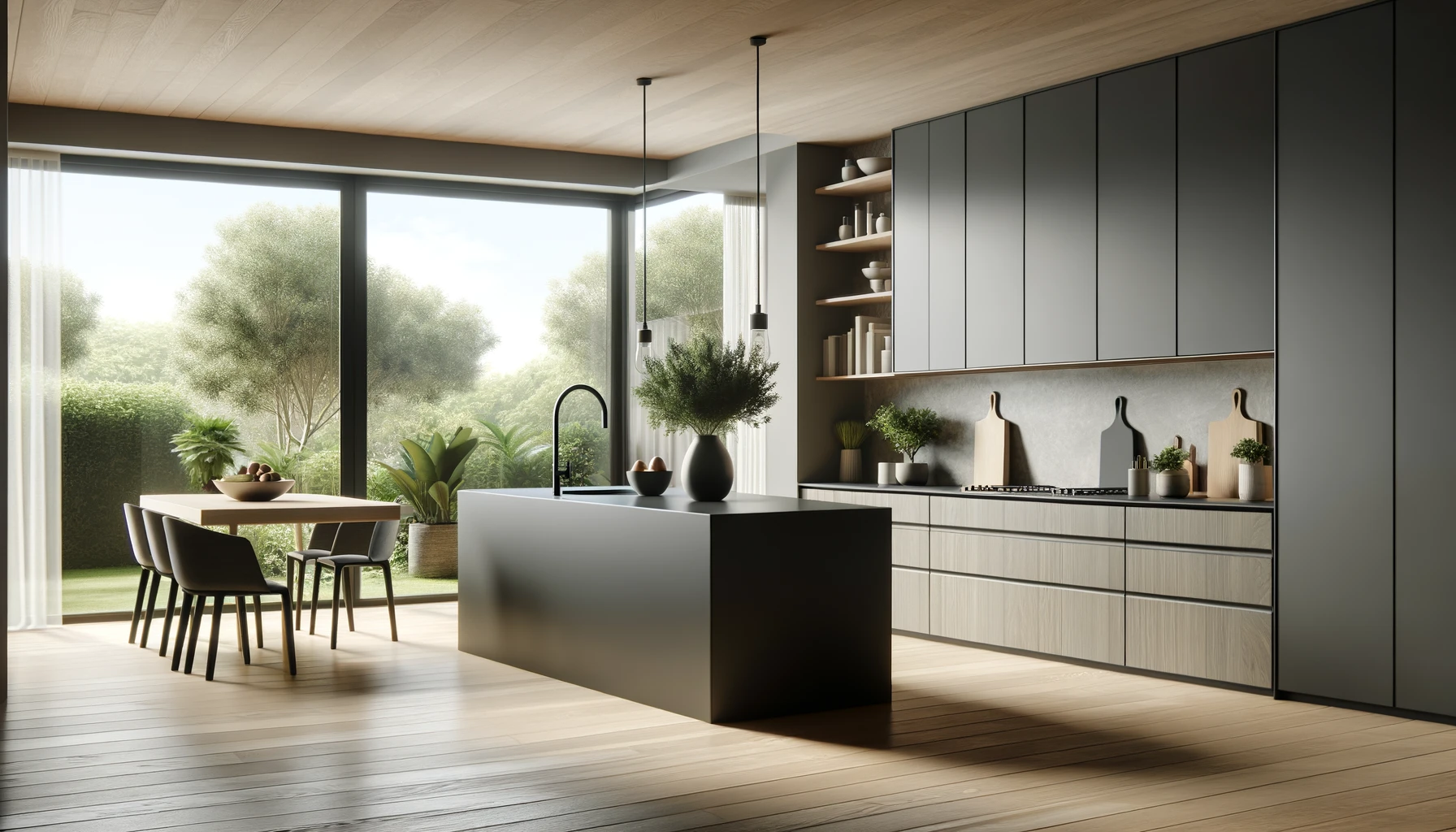 DALL·E 2024-04-07 09.25.03 - Create an image of a modern, minimalist kitchen with a large window overlooking a garden. The color palette should include shades of gray, black, and